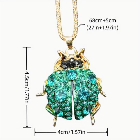 Betsey Johnson Necklace Teal Iridescent Crystal Ladybug Pendant Gold Tone - Picture 2 of 2